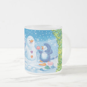 Christmas frosted mug, PingPing Penguin & Snowman. Glass Coffee Mug