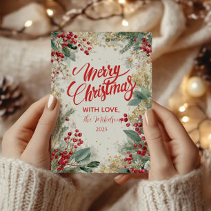 Christmas Frosted Pine and Gold Holiday Card