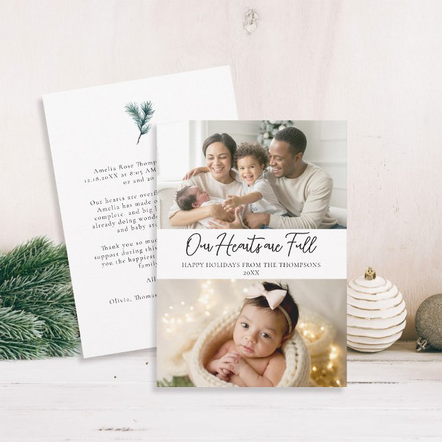 Christmas Full Hearts Elegant Family Baby 2 Photos Holiday Card (christmas family card baby announcement card modern calligraphy simple elegant 2 photos)