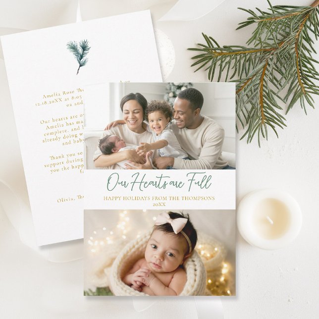 Christmas Full Hearts Simple Family Baby 2 Photos Holiday Card (christmas family card baby announcement card modern calligraphy simple elegant 2 photos green gold)