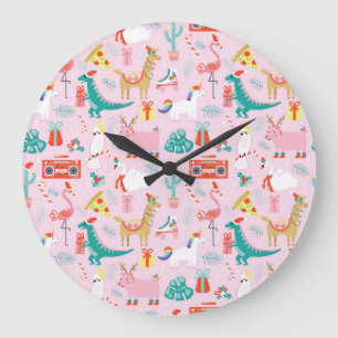 Christmas Fun: Animal Seamless Pattern. Large Clock