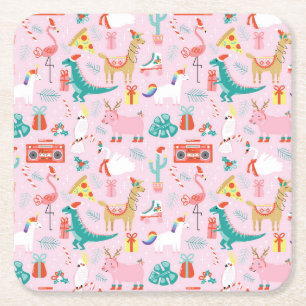 Christmas Fun: Animal Seamless Pattern. Square Paper Coaster