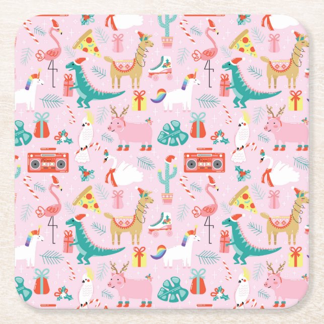Christmas Fun: Animal Seamless Pattern. Square Paper Coaster (Front)