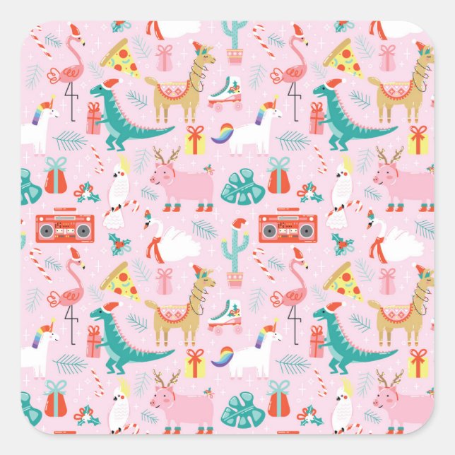 Christmas Fun: Animal Seamless Pattern. Square Sticker (Front)