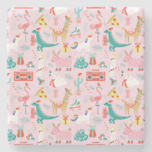 Christmas Fun: Animal Seamless Pattern. Stone Coaster