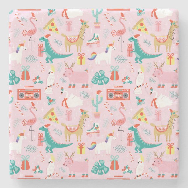 Christmas Fun: Animal Seamless Pattern. Stone Coaster (Front)