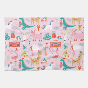 Christmas Fun: Animal Seamless Pattern. Tea Towel
