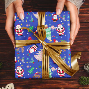 Christmas Fun Ditzy Santa Blue Background Wrapping Paper