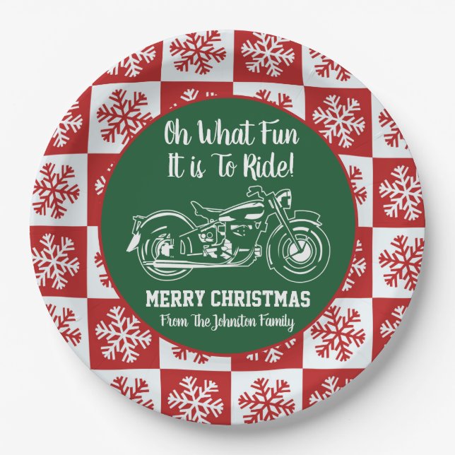 Christmas Fun Motorcycle Snowflake Holiday Family Paper Plate (Front)
