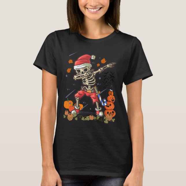 Christmas Fun Santa Skeleton Dabbing Halloween Cos T-Shirt (Front)