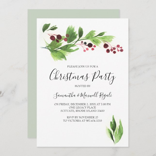 Christmas Function Invite Red Berries & Greenery (Front/Back)