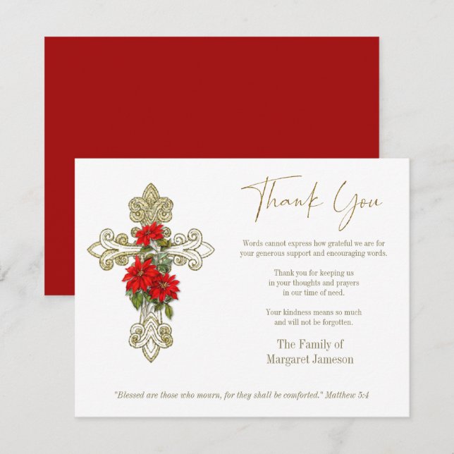 Christmas Funeral Condolence Sympathy Cross  Thank You Card (Front/Back)