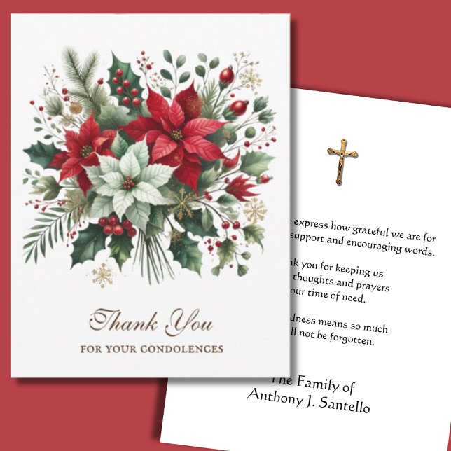 Christmas Funeral Memorial Floral Crucifix Thank You Card (Creator Uploaded)