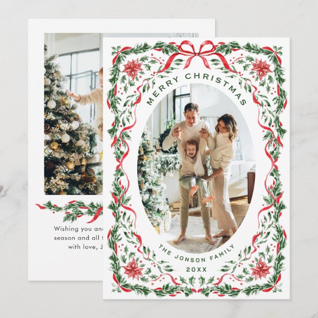 Christmas Funky Whimsical Red Bow Wreath 2 Photo Holiday Card (Front/Back)