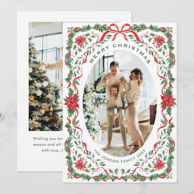 Christmas Funky Whimsical Red Bow Wreath 2 Photo Holiday Card (Front/Back)