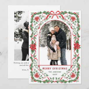 Christmas Funky Whimsical Red Bow Wreath 2 Photo Holiday Card