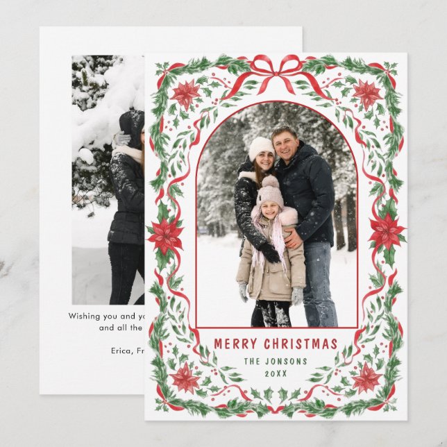 Christmas Funky Whimsical Red Bow Wreath 2 Photo Holiday Card (Front/Back)