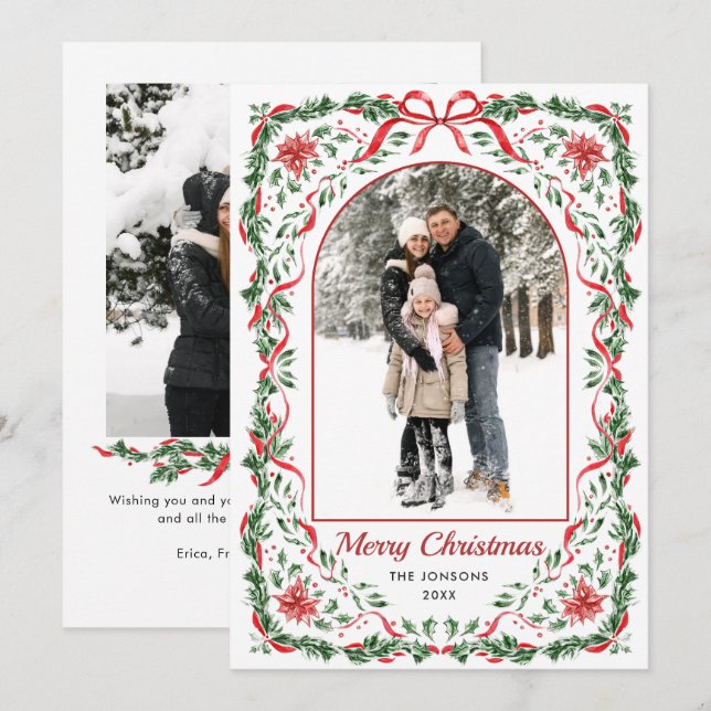 Christmas Funky Whimsical Red Bow Wreath 2 Photo Holiday Card (Front/Back)