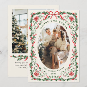 Christmas Funky Whimsical Red Bow Wreath 2 Photo Holiday Card