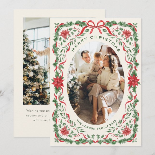 Christmas Funky Whimsical Red Bow Wreath 2 Photo Holiday Card (Front/Back)