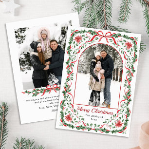 Christmas Funky Whimsical Red Bow Wreath 2 Photo Holiday Card