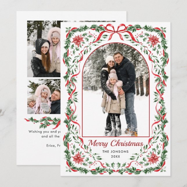 Christmas Funky Whimsical Red Bow Wreath 5 Photo Holiday Card (Front/Back)