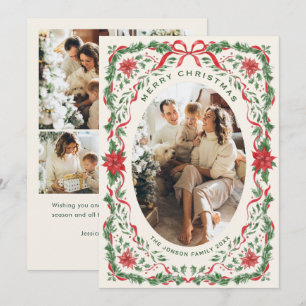 Christmas Funky Whimsical Red Bow Wreath 5 Photo Holiday Card