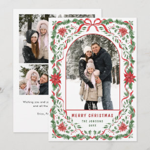 Christmas Funky Whimsical Red Bow Wreath 5 Photo Holiday Card