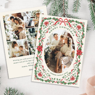 Christmas Funky Whimsical Red Bow Wreath 5 Photo Holiday Card