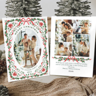 Christmas Funky Whimsical Red Bow Wreath 5 Photo Holiday Card