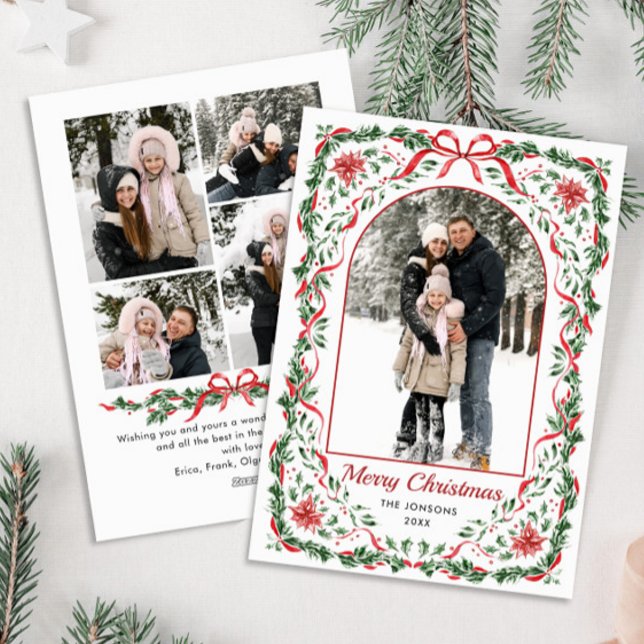 Christmas Funky Whimsical Red Bow Wreath 5 Photo Holiday Card (Creator Uploaded)