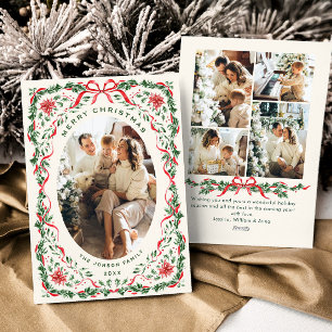 Christmas Funky Whimsical Red Bow Wreath 5 Photo Holiday Card