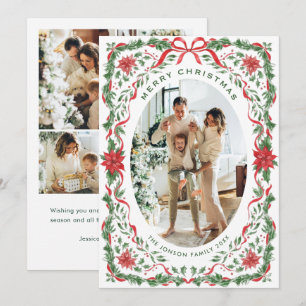 Christmas Funky Whimsical Red Bow Wreath 5 Photo Holiday Card