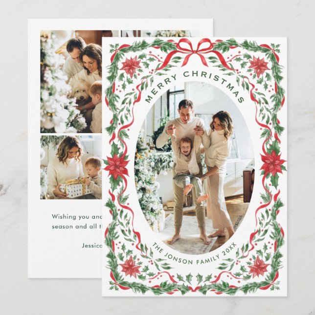 Christmas Funky Whimsical Red Bow Wreath 5 Photo Holiday Card (Front/Back)