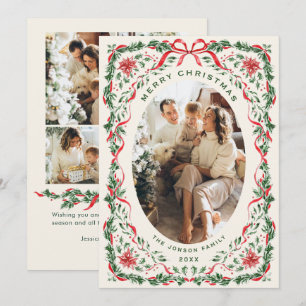 Christmas Funky Whimsical Red Bow Wreath 5 Photo Holiday Card