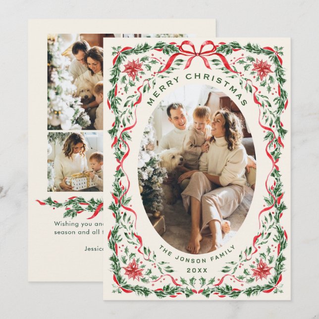 Christmas Funky Whimsical Red Bow Wreath 5 Photo Holiday Card (Front/Back)