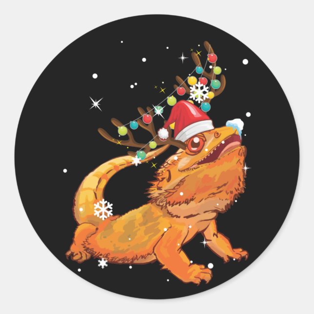 Christmas Funny Bearded Dragon Reindeer  Santa's Classic Round Sticker (Front)