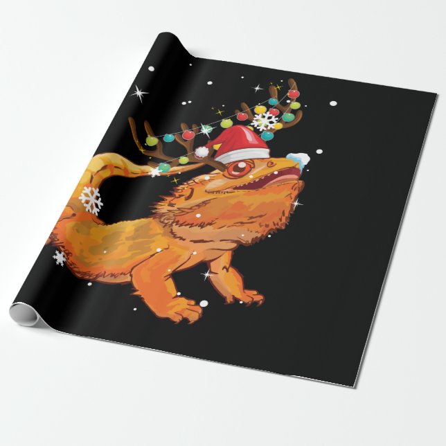 Christmas Funny Bearded Dragon Reindeer Santa's Wrapping Paper (Unrolled)