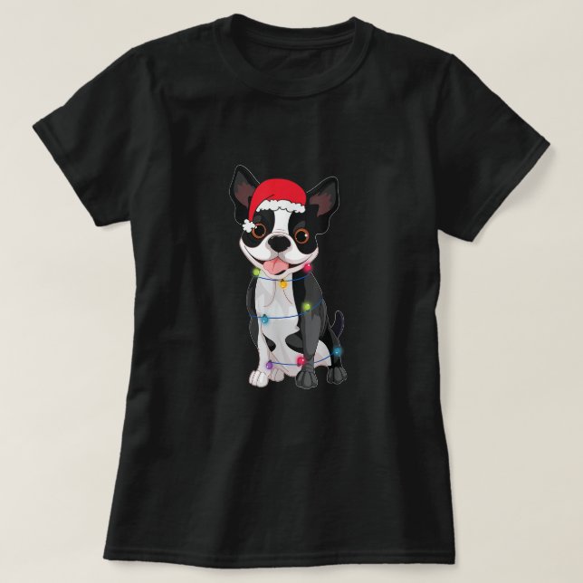 Christmas Funny Boston Terrier Lover Santa Hat Lig T-Shirt (Design Front)