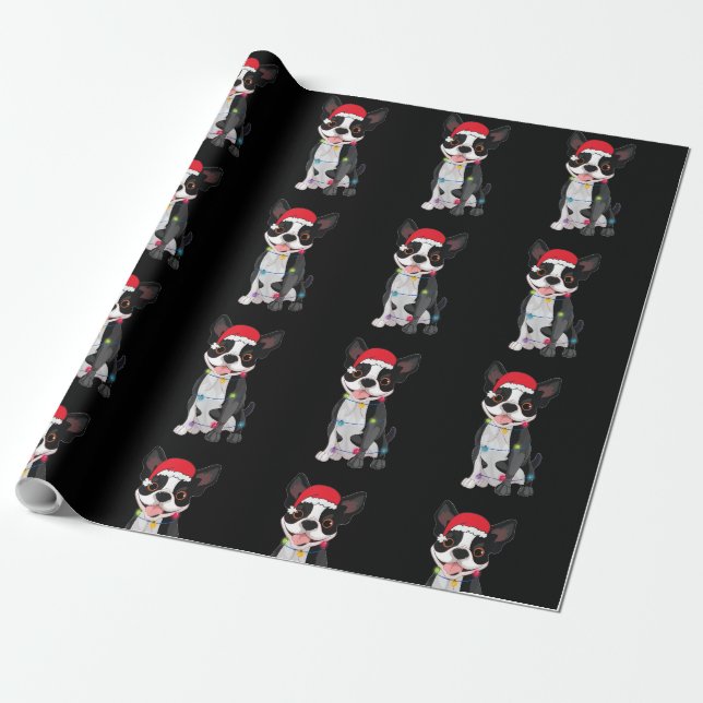 Christmas Funny Boston Terrier Lover Santa Hat Lig Wrapping Paper (Unrolled)
