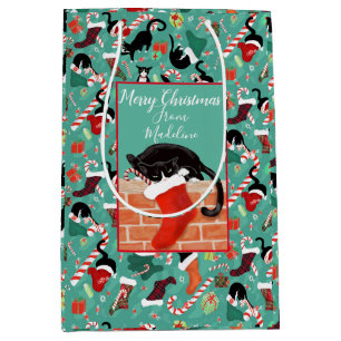 Christmas Funny Cat and Stocking Personalised  Medium Gift Bag