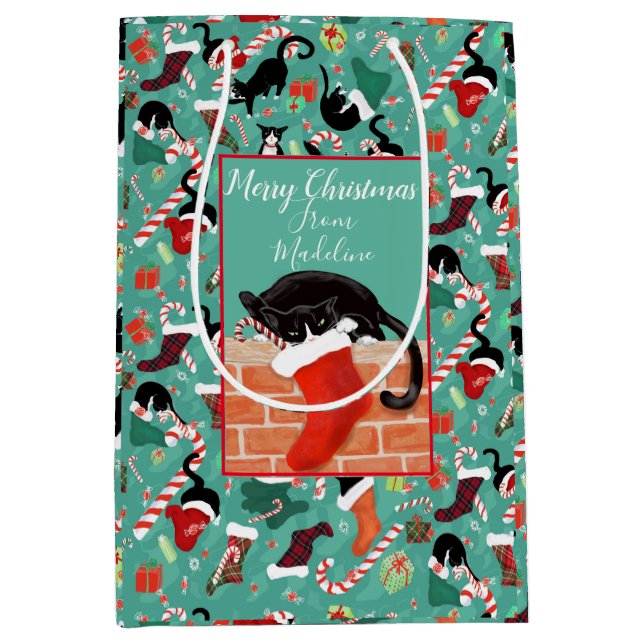 Christmas Funny Cat and Stocking Personalised  Medium Gift Bag (Front)