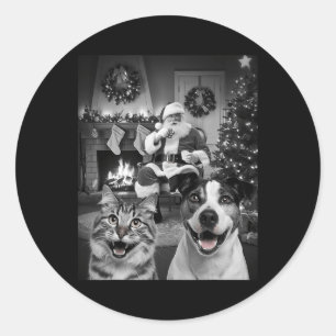 Christmas Funny Cat Dog Selfie With Santa Claus Cu Classic Round Sticker