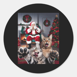 Christmas Funny Cat Dog Selfie With Santa Claus Cu Classic Round Sticker