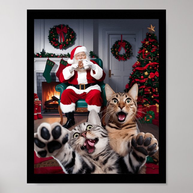Christmas Funny Cat Dog Selfie With Santa Claus Cu Poster (Front)