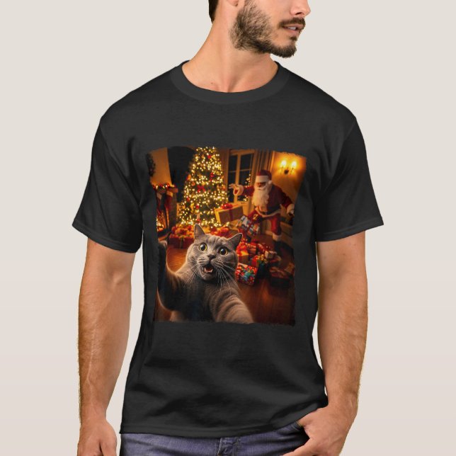 Christmas Funny Cat Selfie With Santa Claus Holida T-Shirt (Front)
