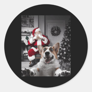 Christmas Funny Corgi Dog Selfie With Santa Claus Classic Round Sticker
