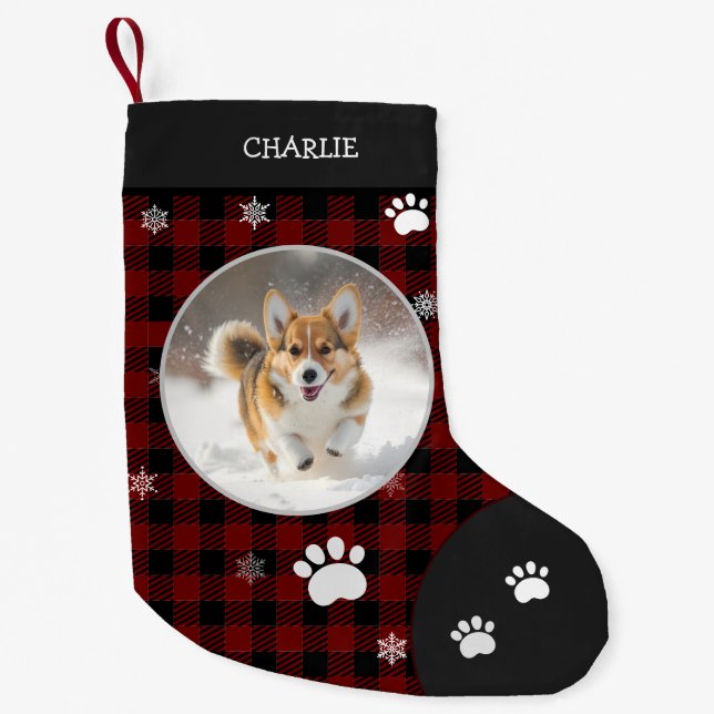 Christmas Funny Cute Dog Small Black Plaid Photo Small Christmas Stocking (Front)