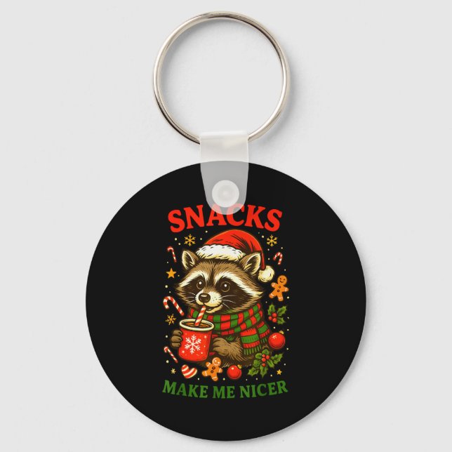 Christmas Funny Cute Feral Raccoon Snacks Make Me  Key Ring (Front)