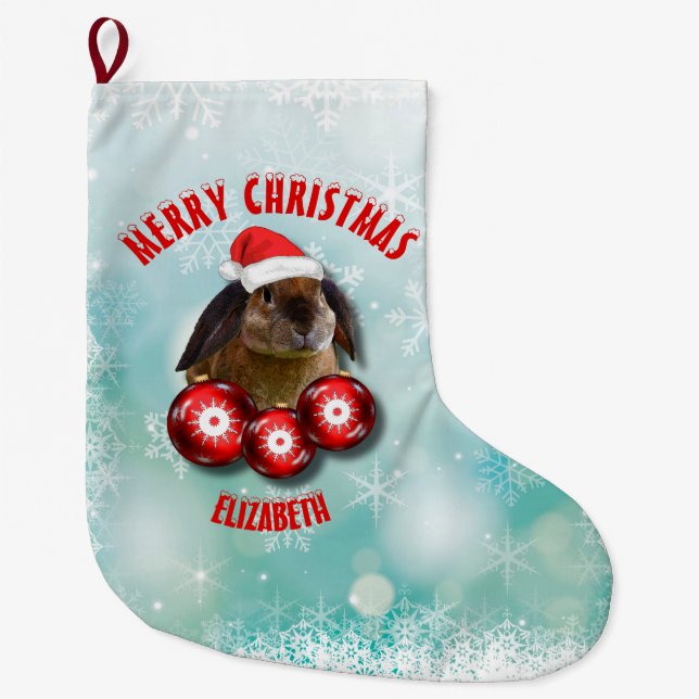 Christmas Funny Cute Rabbit Bunny In Red Santa Hat Large Christmas Stocking (Front)